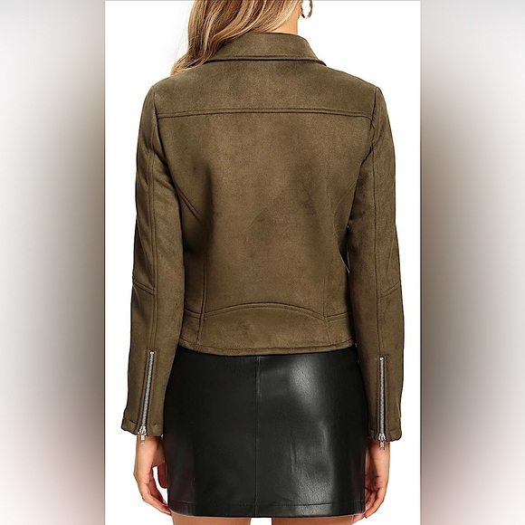 Womens Moto Biker Suede Jacket- Dark Green - Picture 4 of 5